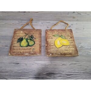 ceramic plaque wall decor Pears, lemons with rope handles. Vintage looking decor